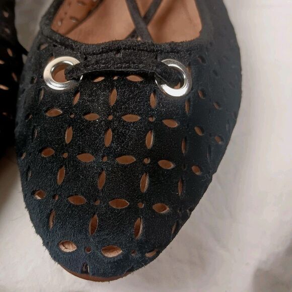 NWT HALOGEN Black LEATHER Suede LASERCUT Lace Up TASSLE Ballet Flats Sz 8.5 M - Picture 4 of 14